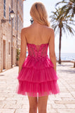 Fucsia Corsetto A Line Abito di cocktail senza spalline con appliques in pizzo