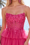 Fucsia Corsetto A Line Abito di cocktail senza spalline con appliques in pizzo