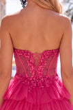 Fucsia Corsetto A Line Abito di cocktail senza spalline con appliques in pizzo