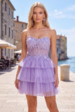 Fucsia Corsetto A Line Abito di cocktail senza spalline con appliques in pizzo