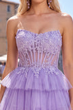 Fucsia Corsetto A Line Abito di cocktail senza spalline con appliques in pizzo
