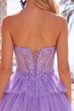 Fucsia Corsetto A Line Abito di cocktail senza spalline con appliques in pizzo