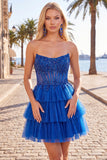 Fucsia Corsetto A Line Abito di cocktail senza spalline con appliques in pizzo