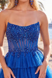 Fucsia Corsetto A Line Abito di cocktail senza spalline con appliques in pizzo