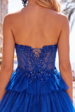Fucsia Corsetto A Line Abito di cocktail senza spalline con appliques in pizzo