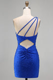 Blu Reale con Perle Arricciate Bodycon Corto Abito di cocktail con perline
