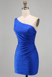 Blu Reale con Perle Arricciate Bodycon Corto Abito di cocktail con perline