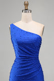 Blu Reale con Perle Arricciate Bodycon Corto Abito di cocktail con perline