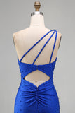 Blu Reale con Perle Arricciate Bodycon Corto Abito di cocktail con perline