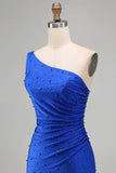 Blu Reale con Perle Arricciate Bodycon Corto Abito di cocktail con perline
