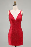 Bodycon rosso scintillante con scollo a V con perle perlate Abito corto di ritorno a casa