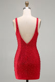 Bodycon rosso scintillante con scollo a V con perle perlate Abito corto di ritorno a casa