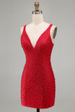 Bodycon rosso scintillante con scollo a V con perle perlate Abito corto di ritorno a casa
