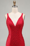 Bodycon rosso scintillante con scollo a V con perle perlate Abito corto di ritorno a casa