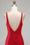 Bodycon rosso scintillante con scollo a V con perle perlate Abito corto di ritorno a casa