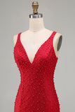 Bodycon rosso scintillante con scollo a V con perle perlate Abito corto di ritorno a casa