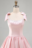 Corsetto rosa in raso a linea perle vestito corto da ritorno a casa corto con fiocchi