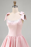Corsetto rosa in raso a linea perle vestito corto da ritorno a casa corto con fiocchi