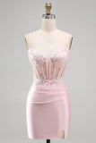 Corsetto rosa bodycon trasparente paillettes abito corto di raso per il ritorno a casa con applicazioni