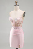 Corsetto rosa bodycon trasparente paillettes abito corto di raso per il ritorno a casa con applicazioni