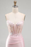 Corsetto rosa bodycon trasparente paillettes abito corto di raso per il ritorno a casa con applicazioni