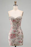 Corsetto Jacquard con paillettes bodycon a fiori rosa Abito corto di ritorno a casa senza spalline