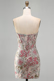 Corsetto Jacquard con paillettes bodycon a fiori rosa Abito corto di ritorno a casa senza spalline