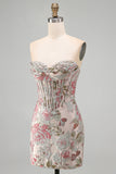 Corsetto Jacquard con paillettes bodycon a fiori rosa Abito corto di ritorno a casa senza spalline