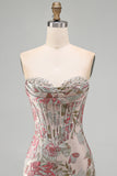 Corsetto Jacquard con paillettes bodycon a fiori rosa Abito corto di ritorno a casa senza spalline