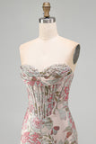 Corsetto Jacquard con paillettes bodycon a fiori rosa Abito corto di ritorno a casa senza spalline