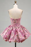 Corsetto a fiori rossi Jacquard A-Line Abito corto senza spalline per il ritorno a casa con orlo a bolle
