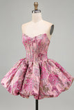 Corsetto a fiori rossi Jacquard A-Line Abito corto senza spalline per il ritorno a casa con orlo a bolle