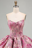 Corsetto a fiori rossi Jacquard A-Line Abito corto senza spalline per il ritorno a casa con orlo a bolle