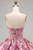 Corsetto a fiori rossi Jacquard A-Line Abito corto senza spalline per il ritorno a casa con orlo a bolle