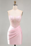 Corsetto rosa trasparente in raso arricciato vestito corto da cocktail con perline