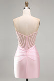 Corsetto rosa trasparente in raso arricciato vestito corto da cocktail con perline