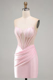 Corsetto rosa trasparente in raso arricciato vestito corto da cocktail con perline