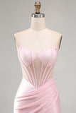 Corsetto rosa trasparente in raso arricciato vestito corto da cocktail con perline
