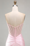 Corsetto rosa trasparente in raso arricciato vestito corto da cocktail con perline