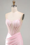 Corsetto rosa trasparente in raso arricciato vestito corto da cocktail con perline