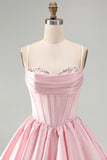 Corsetto rosa a linea A con paillettes di raso Abito corto da ritorno a casa con orlo a bolle