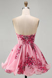 Corsetto rosa A Line senza spalline con orlo a volant corsetto floreale con stampa corta vestito di cocktail