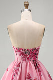 Corsetto rosa A Line senza spalline con orlo a volant corsetto floreale con stampa corta vestito di cocktail