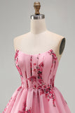 Corsetto rosa A Line senza spalline con orlo a volant corsetto floreale con stampa corta vestito di cocktail