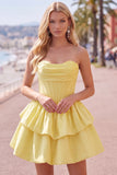 Corsetto giallo A Line Shortless a livelli per il vestito corto di ritorno a livello con orlo a volant