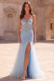 Corsetto Sirena in tulle trasparente con perline abito da Cerimonia senza spalline e corsetto azzurro chiaro con fessura