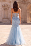 Corsetto Sirena in tulle trasparente con perline abito da Cerimonia senza spalline e corsetto azzurro chiaro con fessura