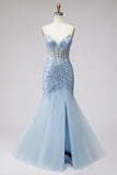 Corsetto Sirena in tulle trasparente con perline abito da Cerimonia senza spalline e corsetto azzurro chiaro con fessura