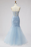 Corsetto Sirena in tulle trasparente con perline abito da Cerimonia senza spalline e corsetto azzurro chiaro con fessura