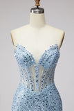 Corsetto Sirena in tulle trasparente con perline abito da Cerimonia senza spalline e corsetto azzurro chiaro con fessura